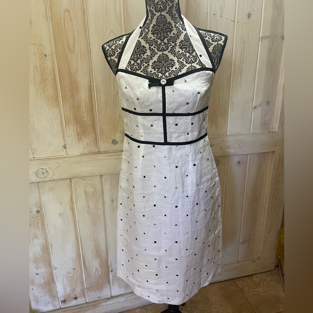 Nikki Valenti Irish Linen Halter Dress Size 8 White with Navy Polka Dots